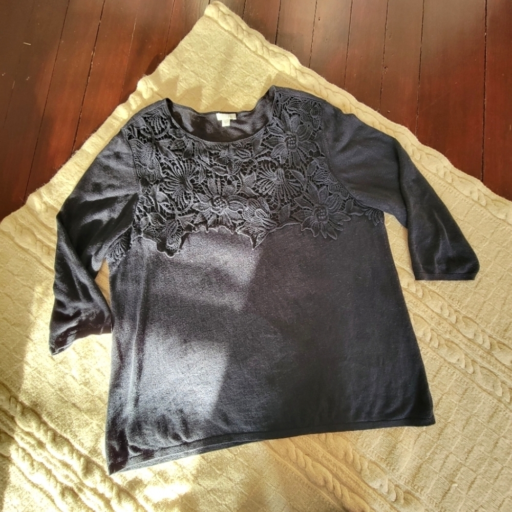 J Jill Linen Modal Blend Lace Top Knit Top size XL Navy